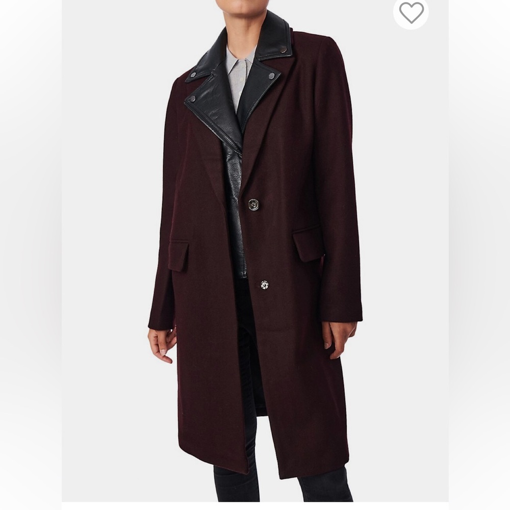 Bernardo Burgundy Wool Blend Coat,removable faux Leather lapel and front piece